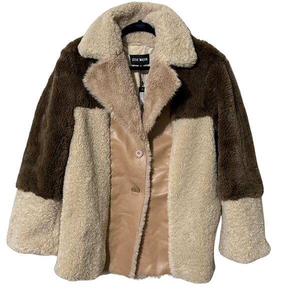 STEVE MADDEN Willow Coat Sherpa Faux Fur Leather Color Block Jacket NWT Medium - Picture 3 of 8